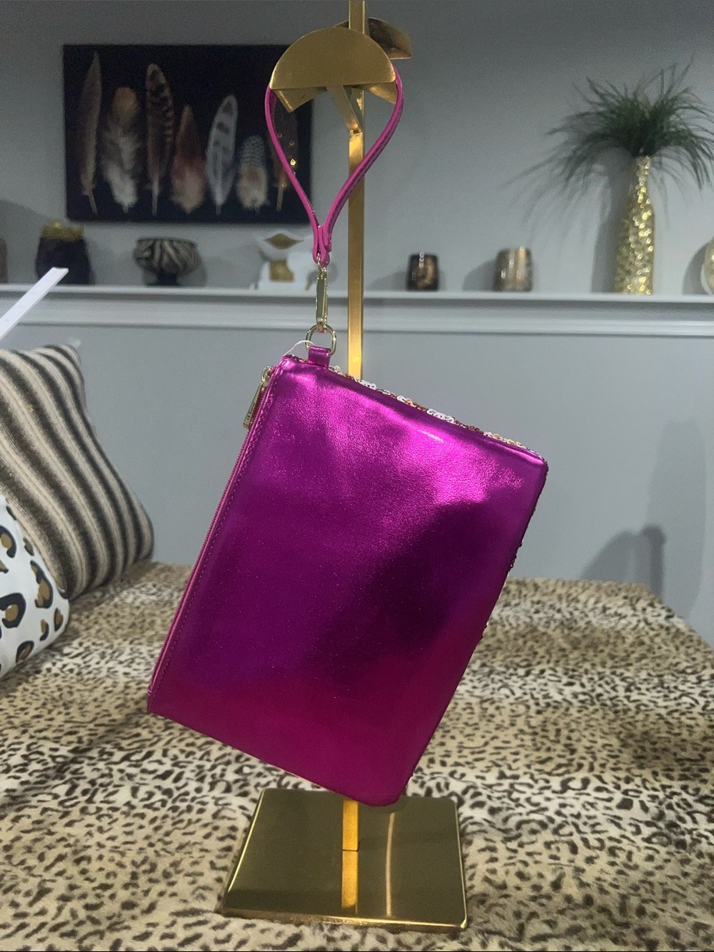Sequin Wristlet Clutch in Pink, Gold & Silver - Picture 2 of 7